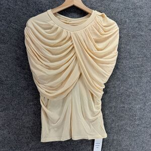 New La Ros Blouse Women L Large Beige Gathered Short Sleeve Crew Neck Casual